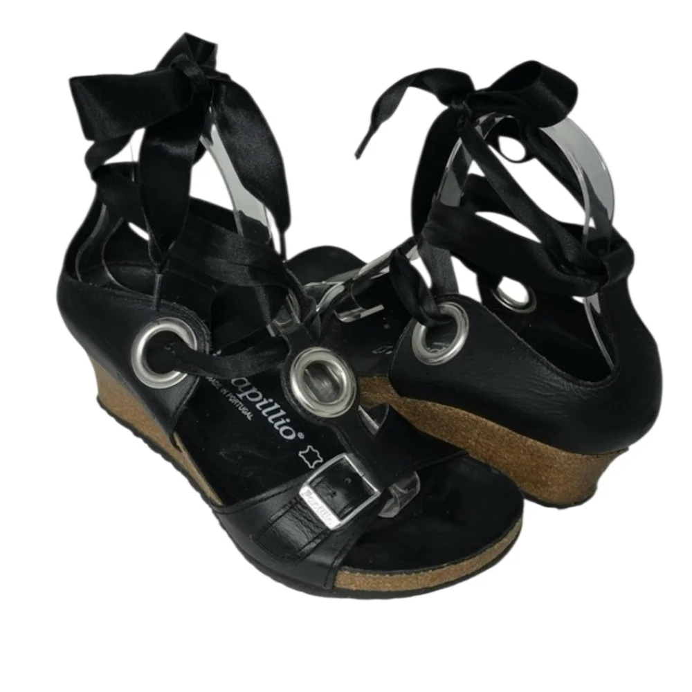 Papillio Birkenstock Black Emmy Leather Ankle Tie Strap Wedge Sandals Size 37‎